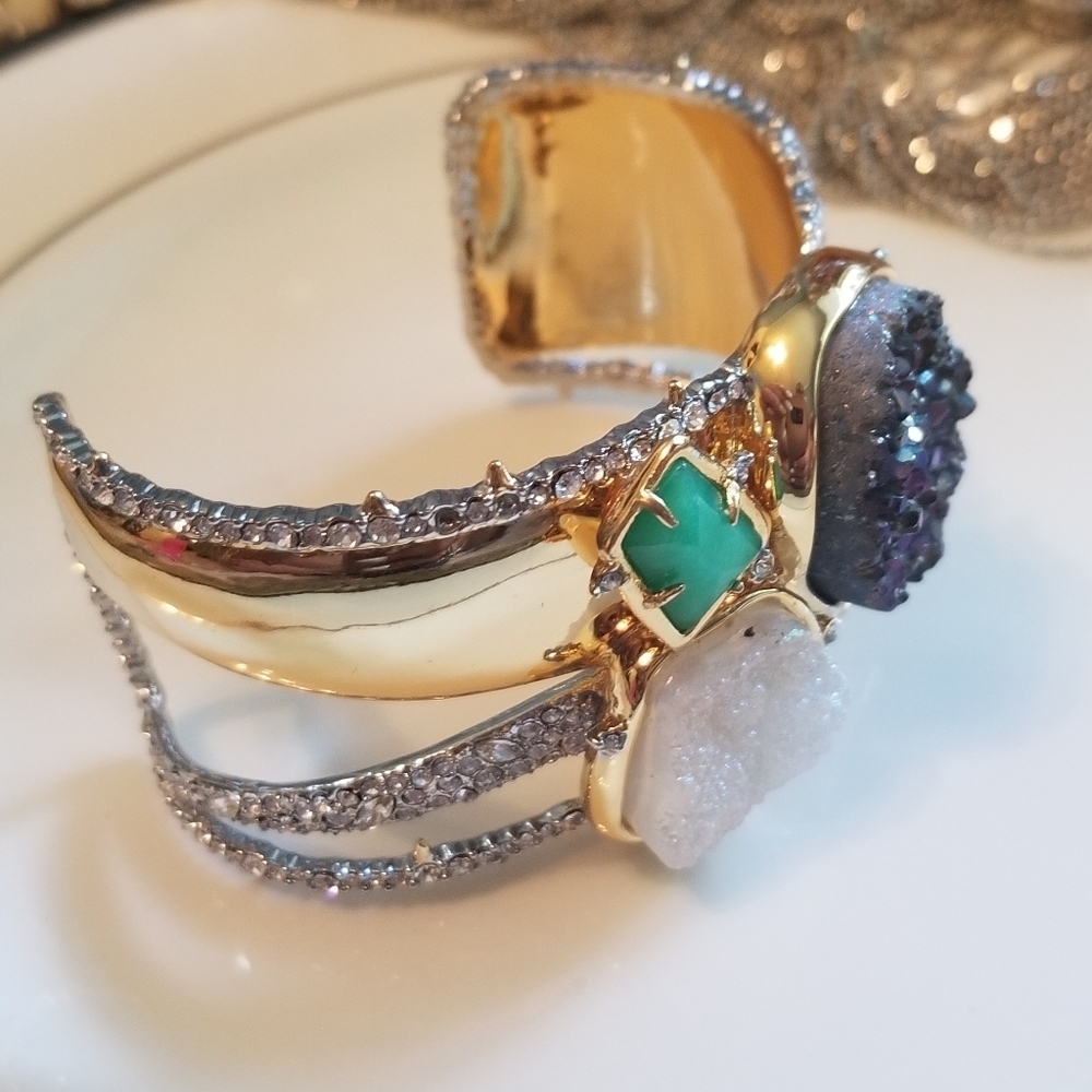 Alexis Bittar Druzy Quartz 10k Gold Bangle Cuff Bracelet - Picture 3 of 13